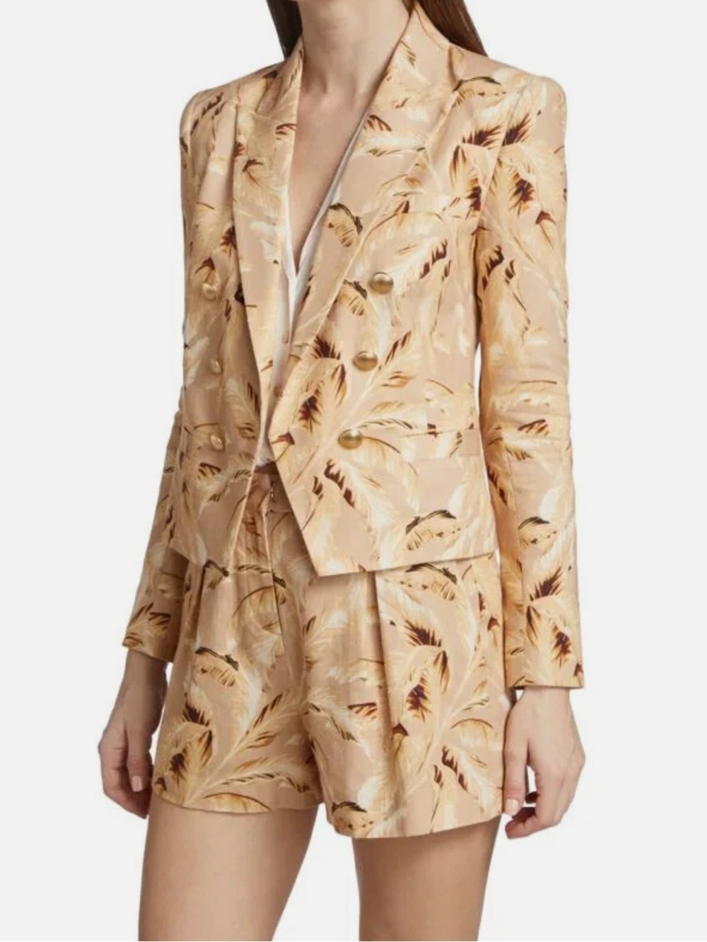 L'AGENCE Taupe Feather-Print Cropped Double-Breasted Blazer Size 12 $570